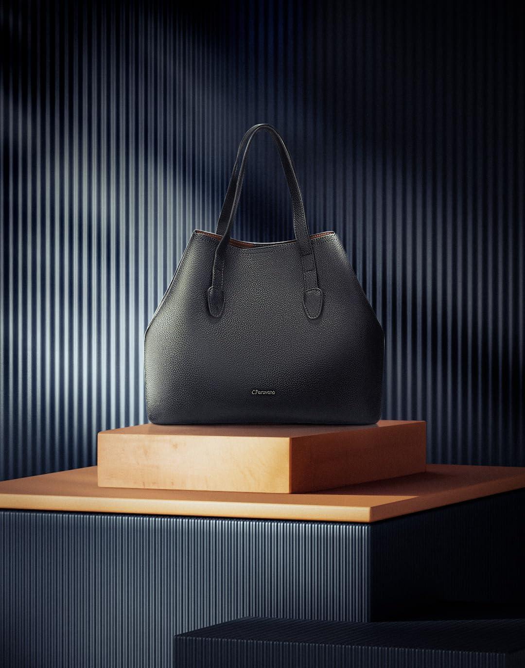 imageCParavano Full Grain Leather Tote BagLarge Capacity Tote Handbags for Women Hobo Bags Black Leather Top Handle Tote Leather Tote Travel Work Bag
