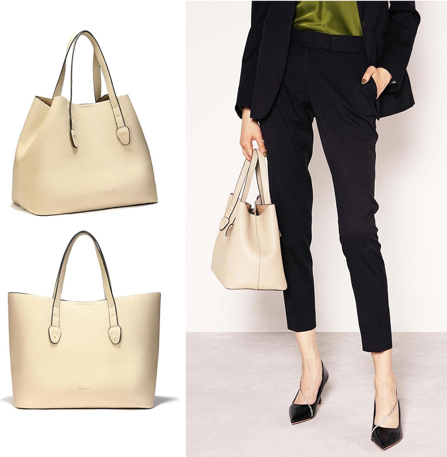 imageCParavano Large Capacity Tote Handbag Full Grain Leather Tote Bag Hobo Bag Womens Top Handle Tote Travel Work ToteFivory
