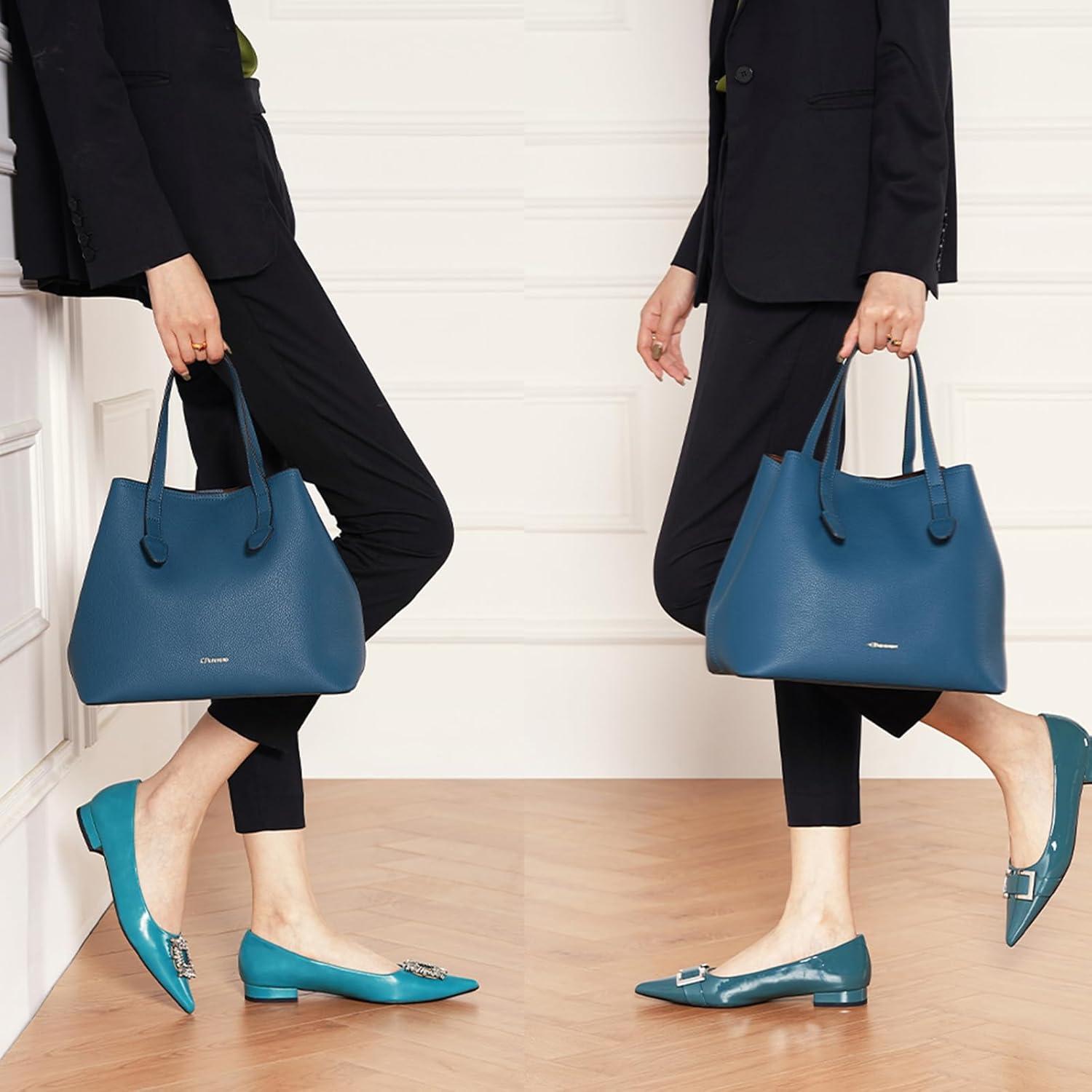 imageCParavano Large Capacity Tote Handbag Full Grain Leather Tote Bag Hobo Bag Womens Top Handle Tote Travel Work ToteFnavy