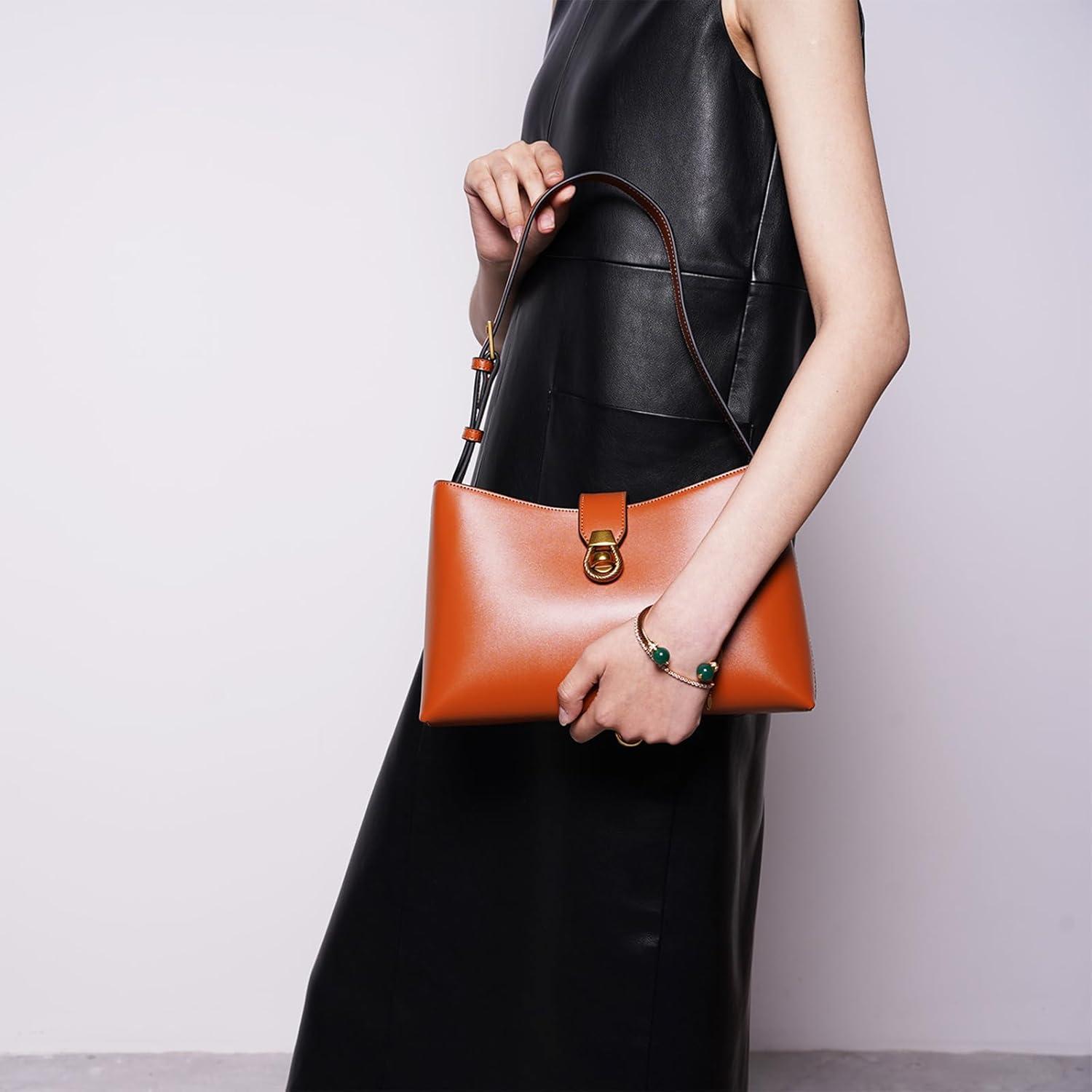 imageCParavano Shoulder Bags for Women Glossy Leather PU Tote Bag with Zipper Closure Hobo Handbag Under the Arm PursesA1brown