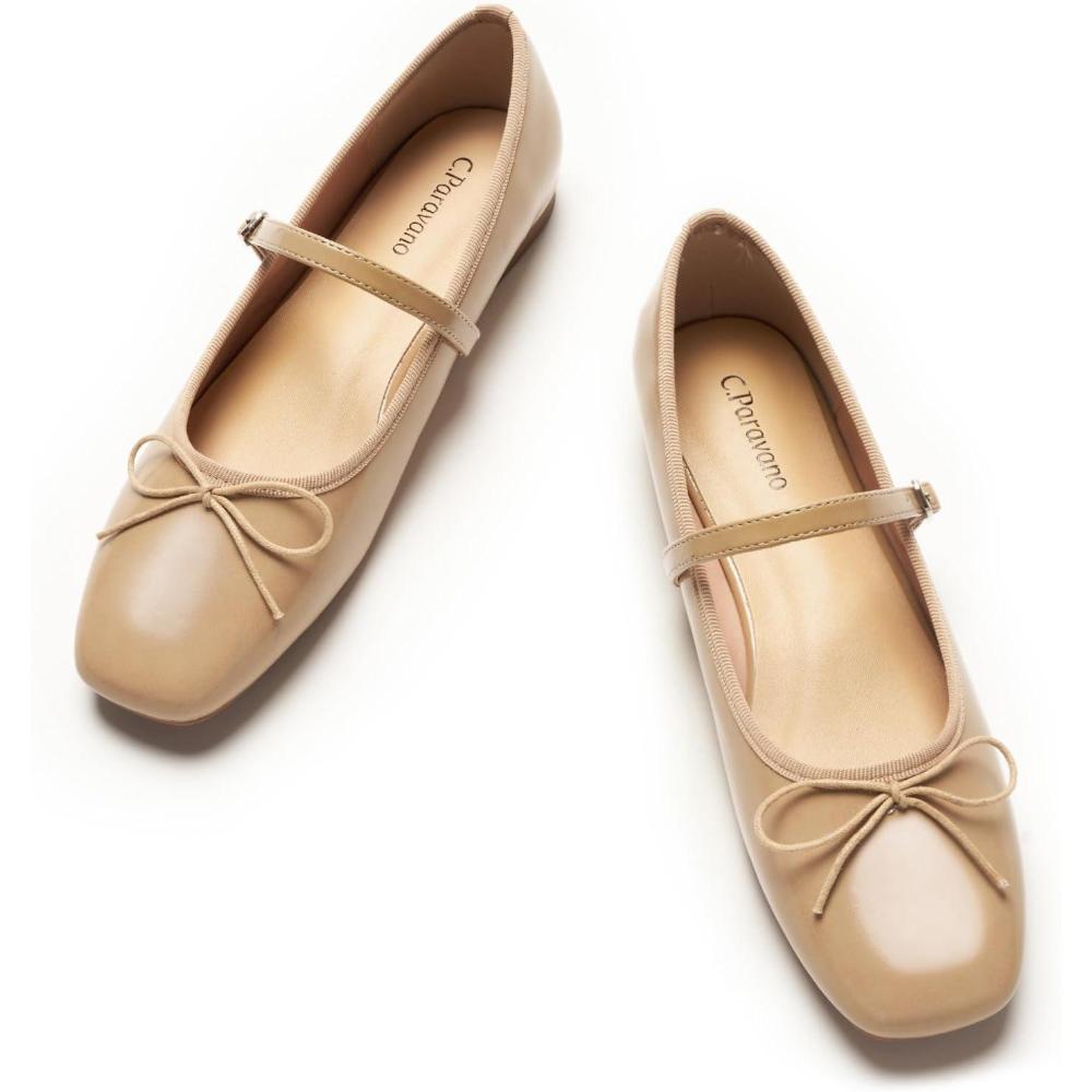 imageCParavano Flats for Women Mary Janes Women Ballet Flats Office Shoes Square ToeBeige