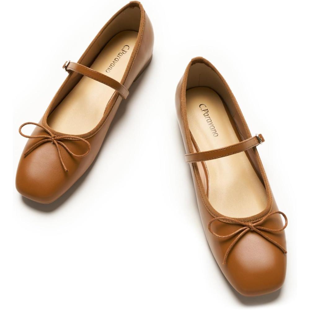 imageCParavano Flats for Women Mary Janes Women Ballet Flats Office Shoes Square ToeBrown