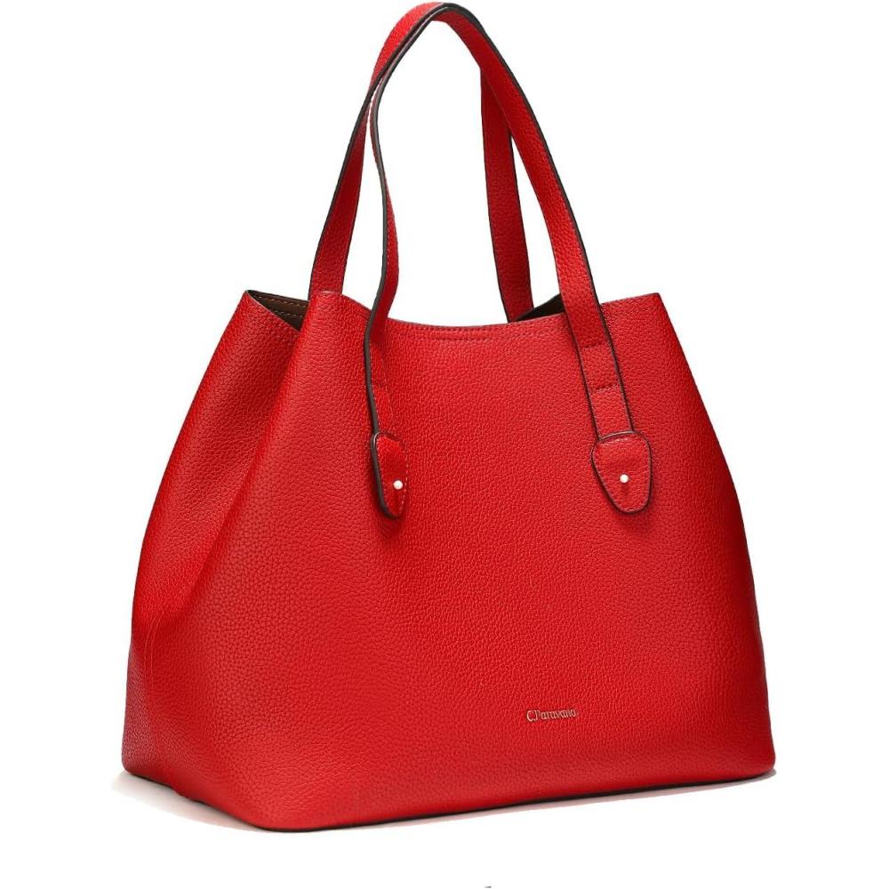 imageCParavano Red Grain Leather Hobo Handbag for Women Large Tote Bag with Vegan Leather Details No Closure Hobo Handbag for Work Shopping Gifts