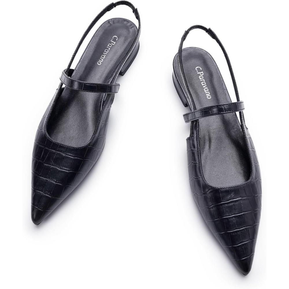 imageCParavano Womens Slingback Flats Pointed Toe Pumps Kitten Heels for Women Slingback Dress Shoes Slingback SandalsCroc Black Flats
