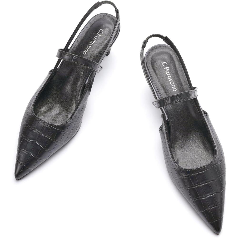 imageCParavano Womens Slingback Flats Pointed Toe Pumps Kitten Heels for Women Slingback Dress Shoes Slingback SandalsCroc Black Heels