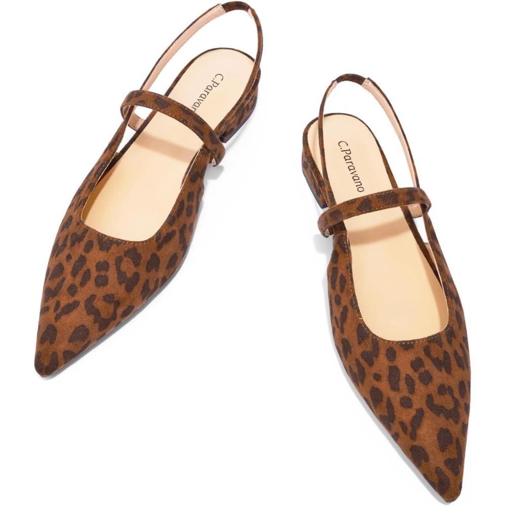 imageCParavano Womens Slingback Flats Pointed Toe Pumps Kitten Heels for Women Slingback Dress Shoes Slingback SandalsLeopardn Flats