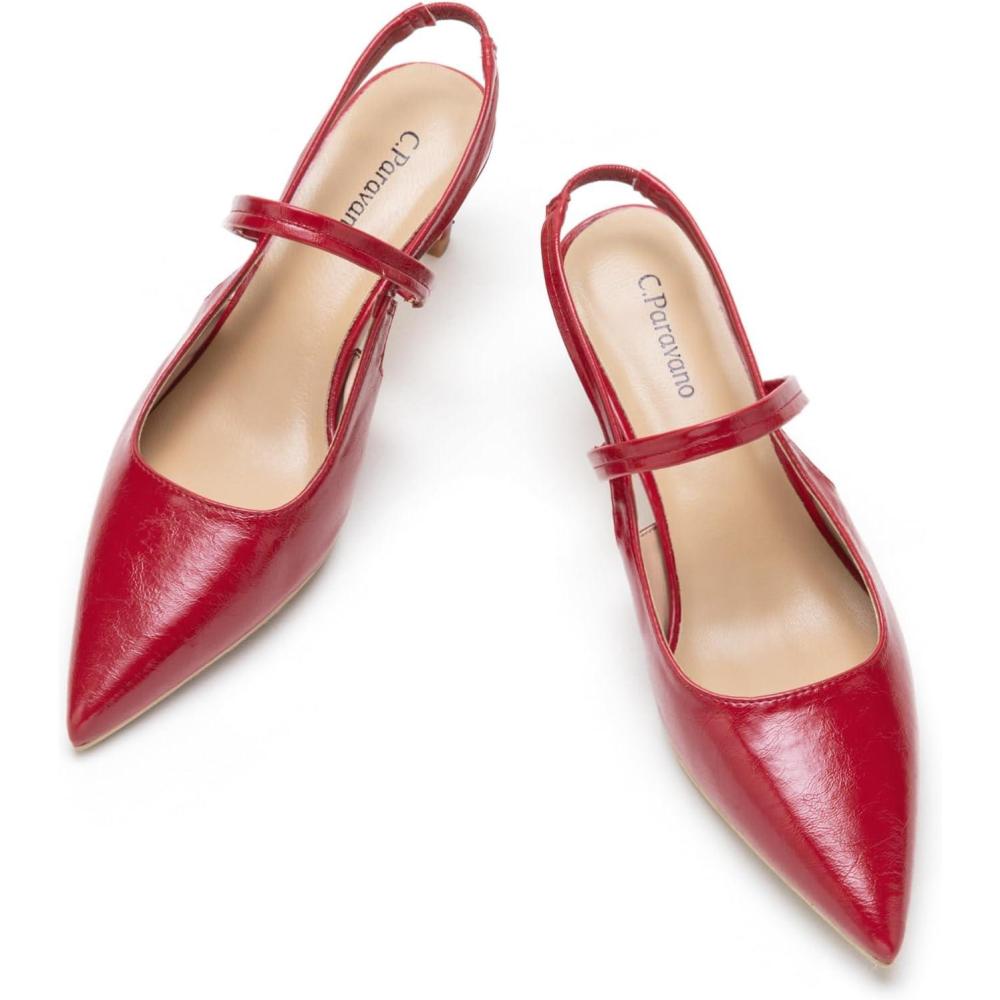 imageCParavano Womens Slingback Flats Pointed Toe Pumps Kitten Heels for Women Slingback Dress Shoes Slingback SandalsRed Heels