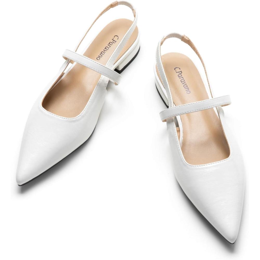 imageCParavano Womens Slingback Flats Pointed Toe Pumps Kitten Heels for Women Slingback Dress Shoes Slingback SandalsWhite Flats