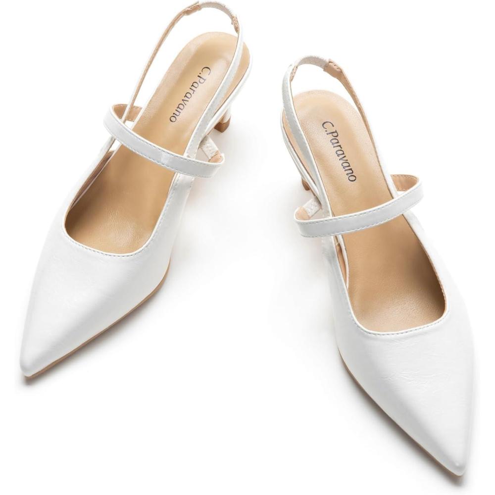 imageCParavano Womens Slingback Flats Pointed Toe Pumps Kitten Heels for Women Slingback Dress Shoes Slingback SandalsWhite Heels