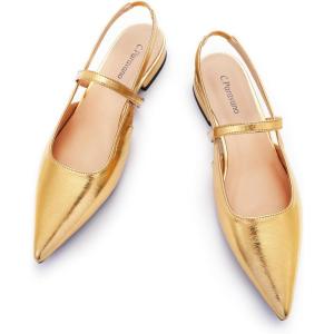 C.Paravano Women’s Slingback Flats | Pointed Toe Pumps | Kitten Heels for Women | Slingback Dress Shoes | Slingback Sandals(Gold Flats)