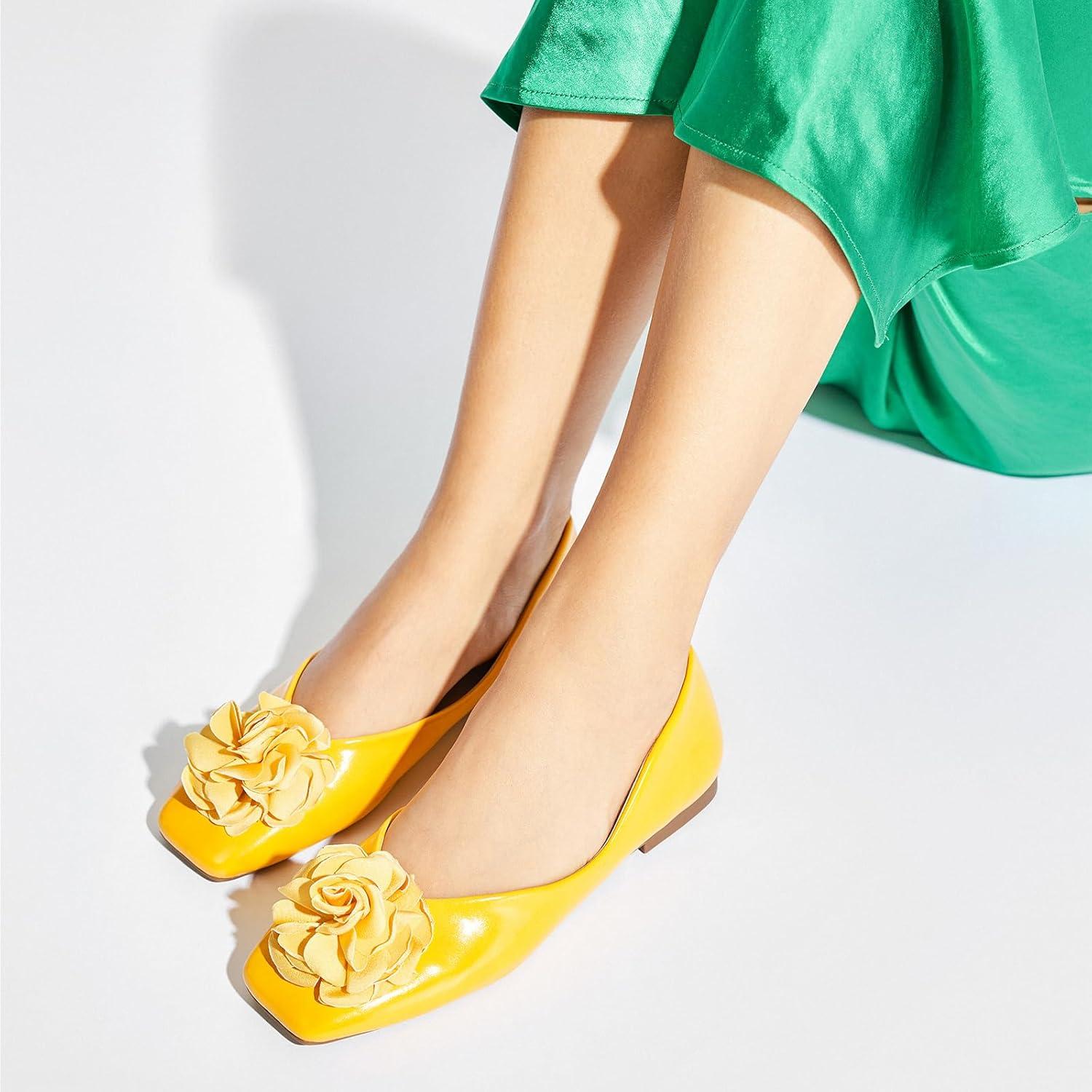 imageCParavano Ballet Flats for Women Womens Flats Square Toe Slip On Dress Shoes Satin Flower ShoesLight Yellow