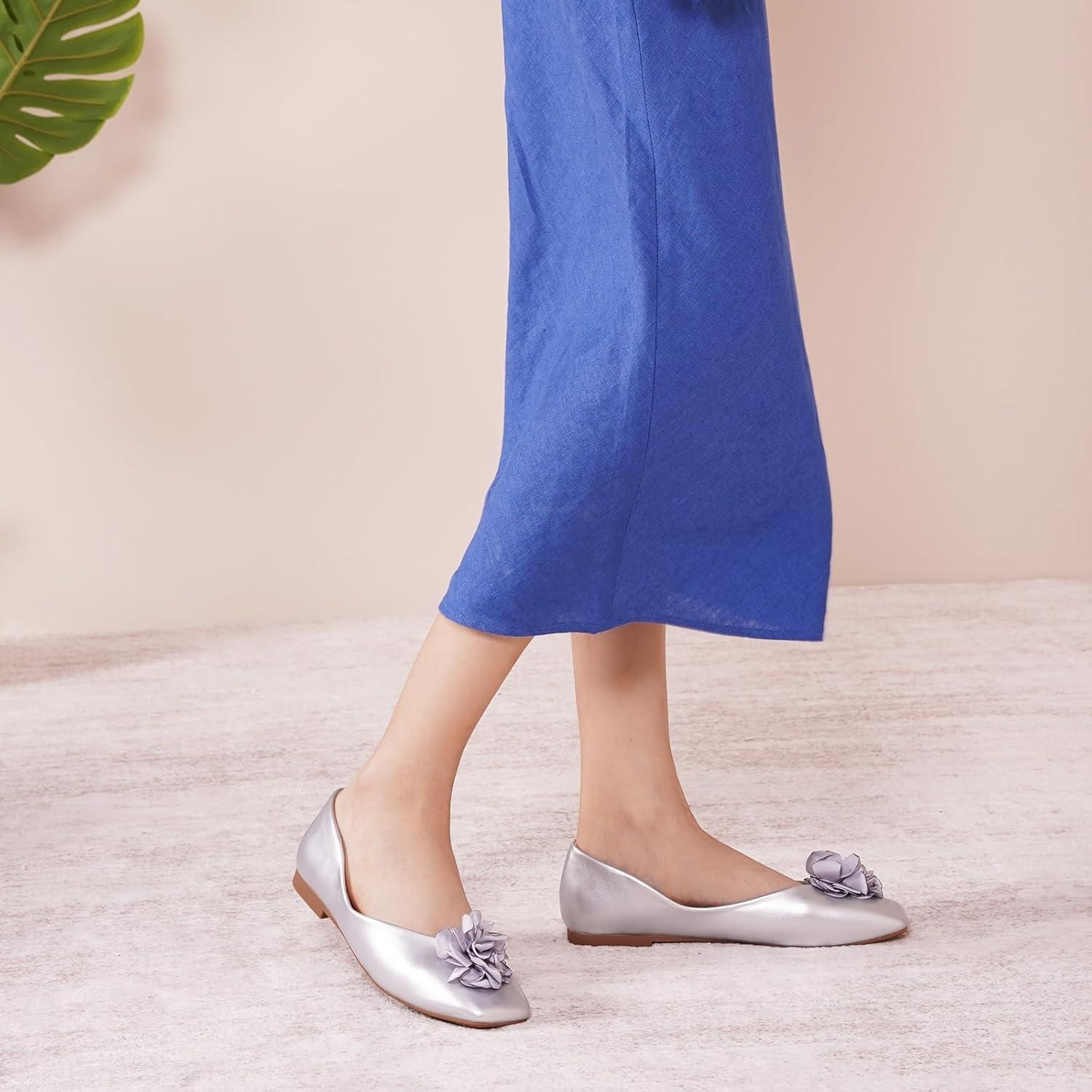 imageCParavano Ballet Flats for Women Womens Flats Square Toe Slip On Dress Shoes Satin Flower ShoesSilver