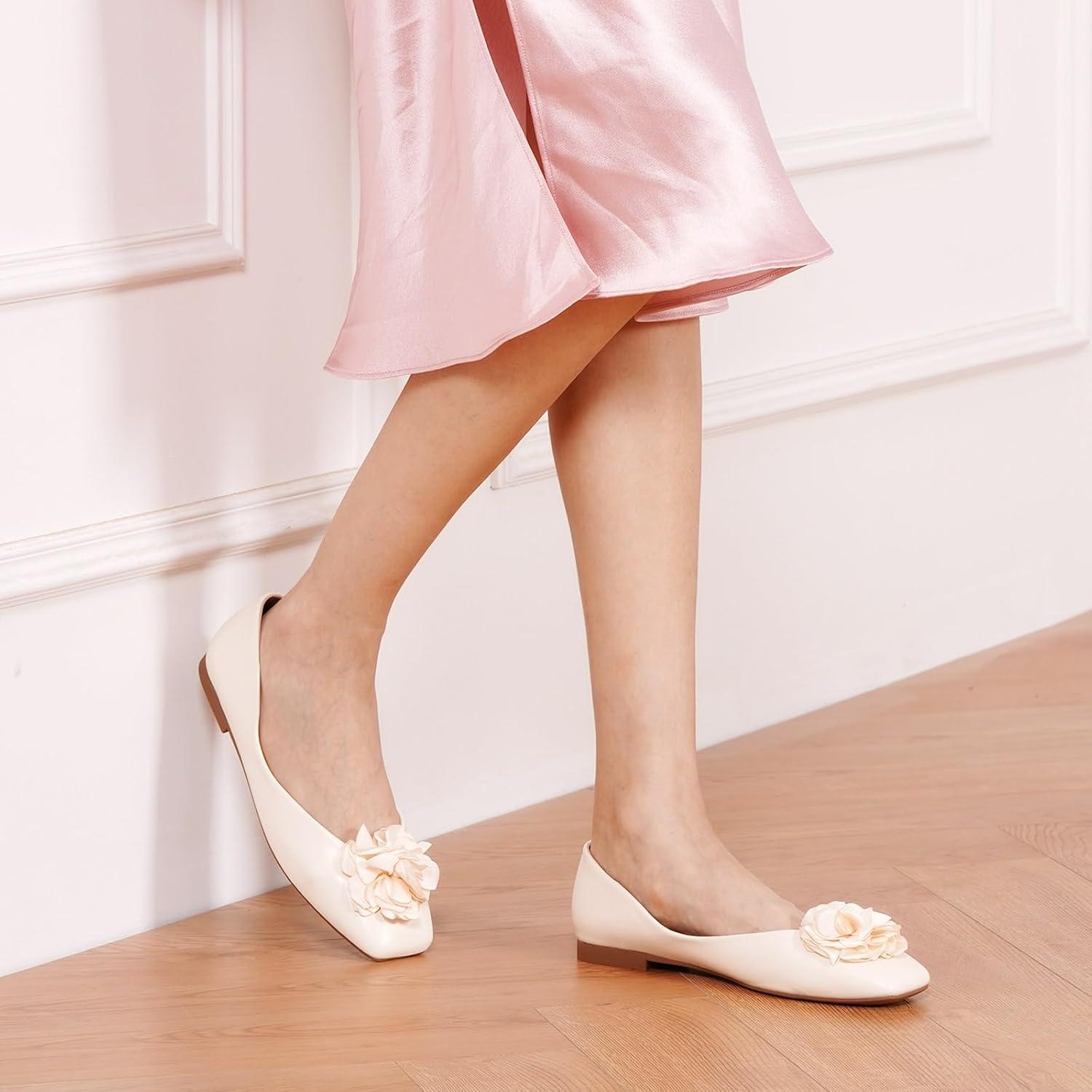 imageCParavano Ballet Flats for Women Womens Flats Square Toe Slip On Dress Shoes Satin Flower ShoesWhite