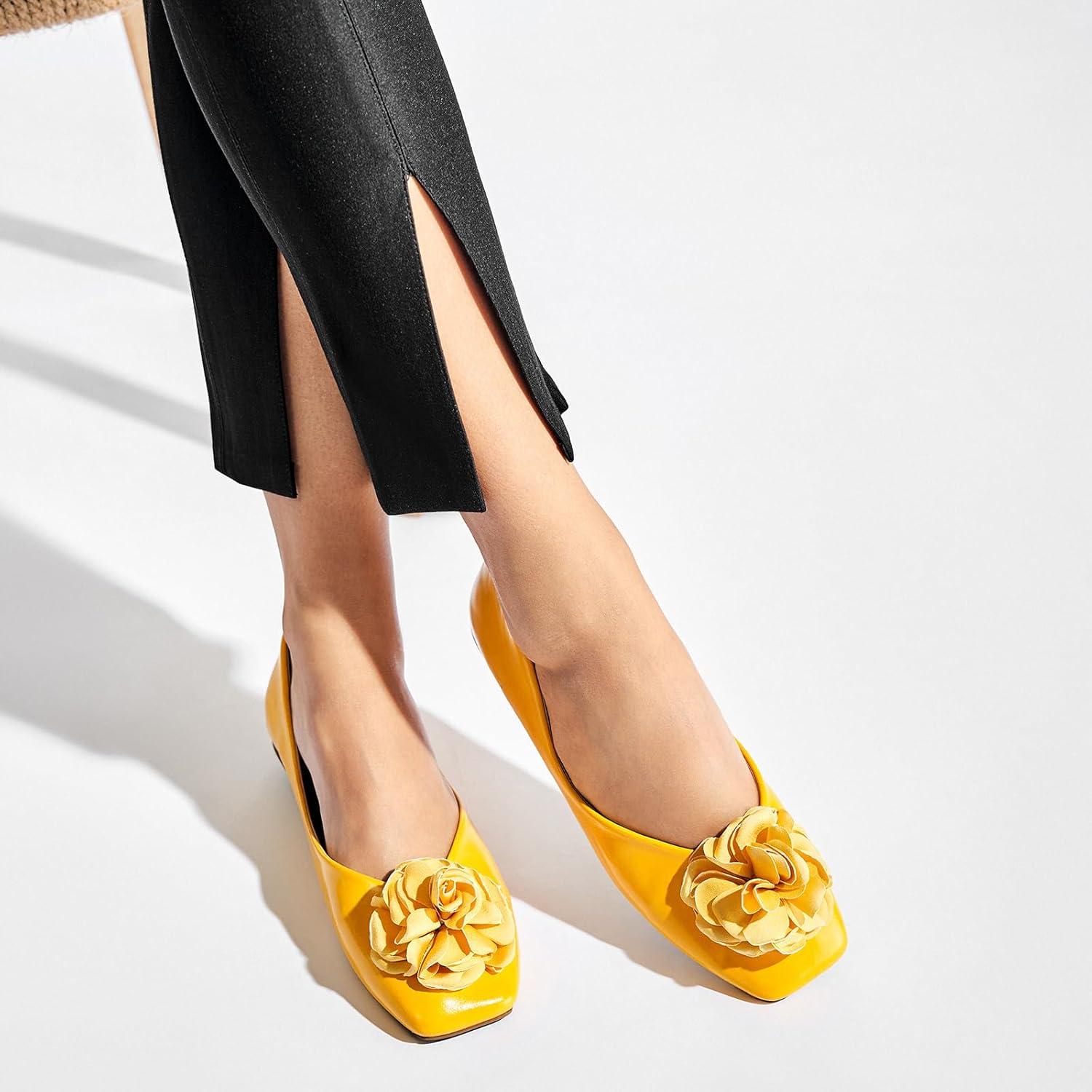 imageCParavano Ballet Flats for Women Womens Flats Square Toe Slip On Dress Shoes Satin Flower ShoesYellow