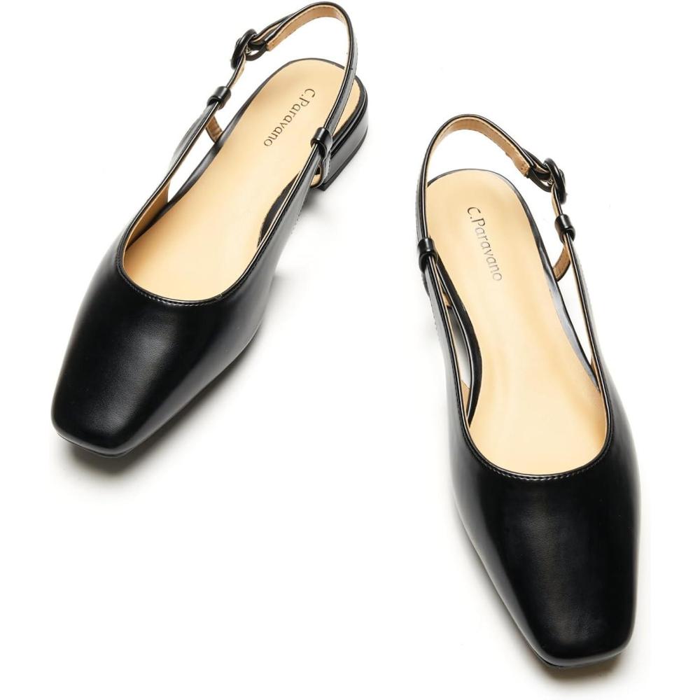 imageCParavano Slingback Flats Sandals Women Low Heels Square Toe Flat Block Heel Slingback SandalsBlack