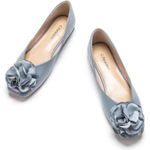 C.Paravano Ballet Flats for Women | Women’s Flats | Square Toe | Slip On Dress Shoes | Satin Flower Shoes(Blue)