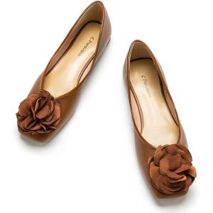 C.Paravano Ballet Flats for Women | Women’s Flats | Square Toe | Slip On Dress Shoes | Satin Flower Shoes(Brown)