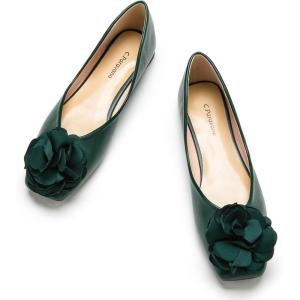 C.Paravano Ballet Flats for Women | Women’s Flats | Square Toe | Slip On Dress Shoes | Satin Flower Shoes(Dark Green)