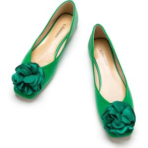 C.Paravano Ballet Flats for Women | Women’s Flats | Square Toe | Slip On Dress Shoes | Satin Flower Shoes(Green)