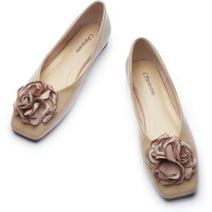C.Paravano Ballet Flats for Women | Women’s Flats | Square Toe | Slip On Dress Shoes | Satin Flower Shoes(Light Coffee)