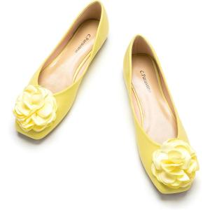 C.Paravano Ballet Flats for Women | Women’s Flats | Square Toe | Slip On Dress Shoes | Satin Flower Shoes(Light Yellow)