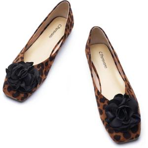 C.Paravano Ballet Flats for Women | Women’s Flats | Square Toe | Slip On Dress Shoes | Satin Flower Shoes(S-leopard)
