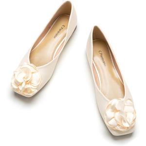 C.Paravano Ballet Flats for Women | Women’s Flats | Square Toe | Slip On Dress Shoes | Satin Flower Shoes(White)