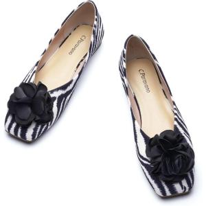 C.Paravano Ballet Flats for Women | Women’s Flats | Square Toe | Slip On Dress Shoes | Satin Flower Shoes(Zebra)
