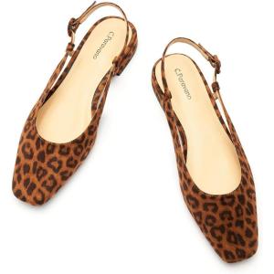 C.Paravano Slingback Flats | Sandals Women | Low Heels | Square Toe Flat | Block Heel Slingback Sandals(Leopard-b)