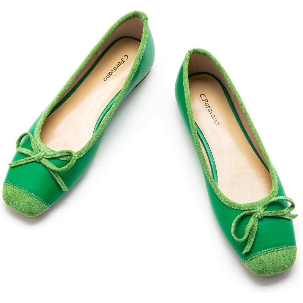 imageCParavano Ballet Flats Square Toe Shoes Bow Slip Ons Ballet Shoes for Women Dressy Flats for WomenGreen