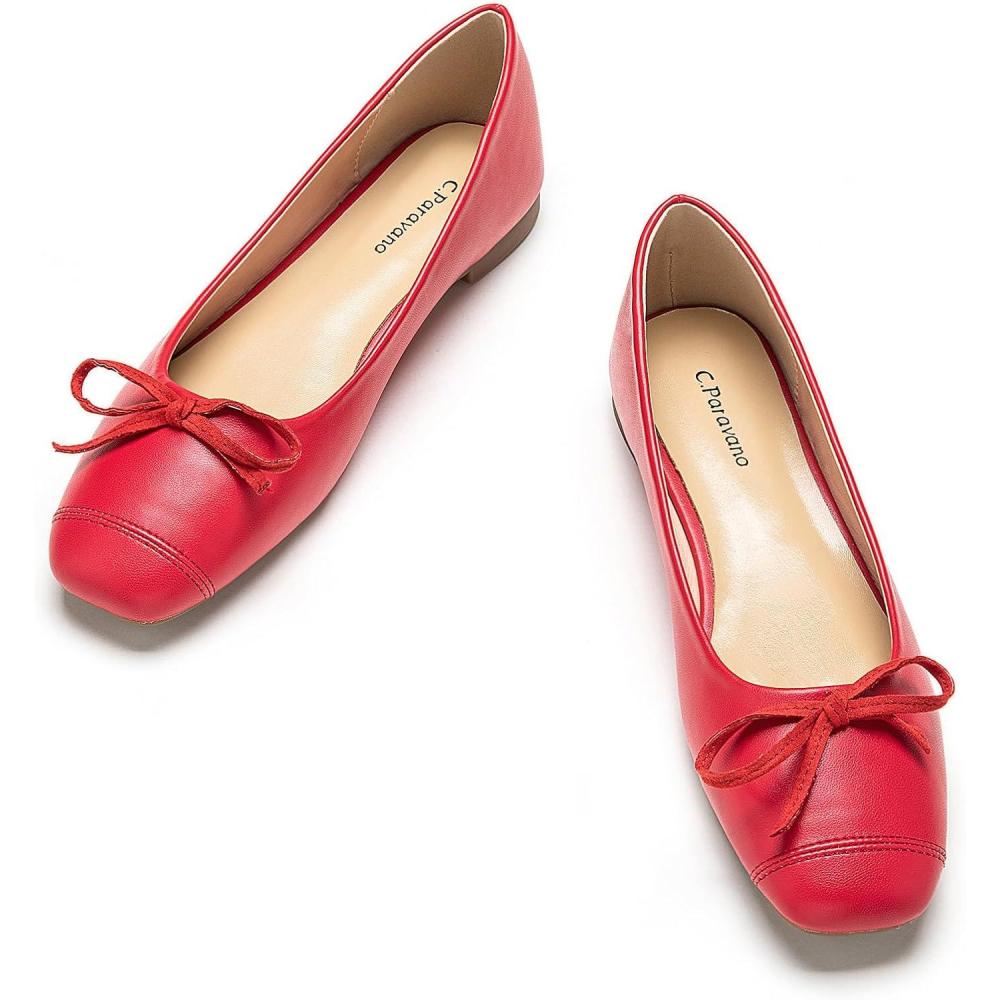 imageCParavano Ballet Flats Square Toe Shoes Bow Slip Ons Ballet Shoes for Women Dressy Flats for WomenRed