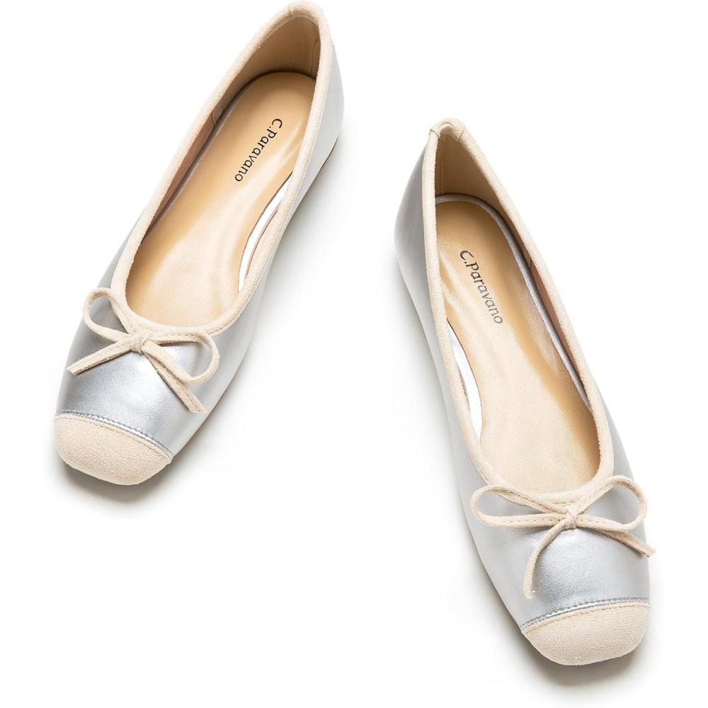 imageCParavano Ballet Flats Square Toe Shoes Bow Slip Ons Ballet Shoes for Women Dressy Flats for WomenSilver