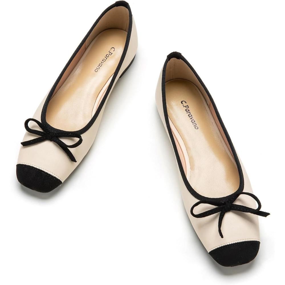 imageCParavano Ballet Flats Square Toe Shoes Bow Slip Ons Ballet Shoes for Women Dressy Flats for WomenWhite
