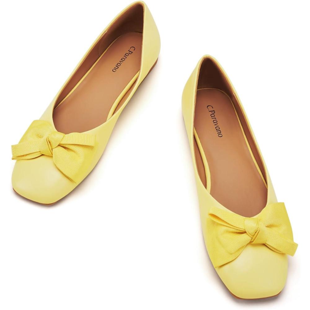 imageCParavano Ballet Flats for Women Square Toe Flats Mary Jane Shoes Designer Shoes for WomenBtyellow