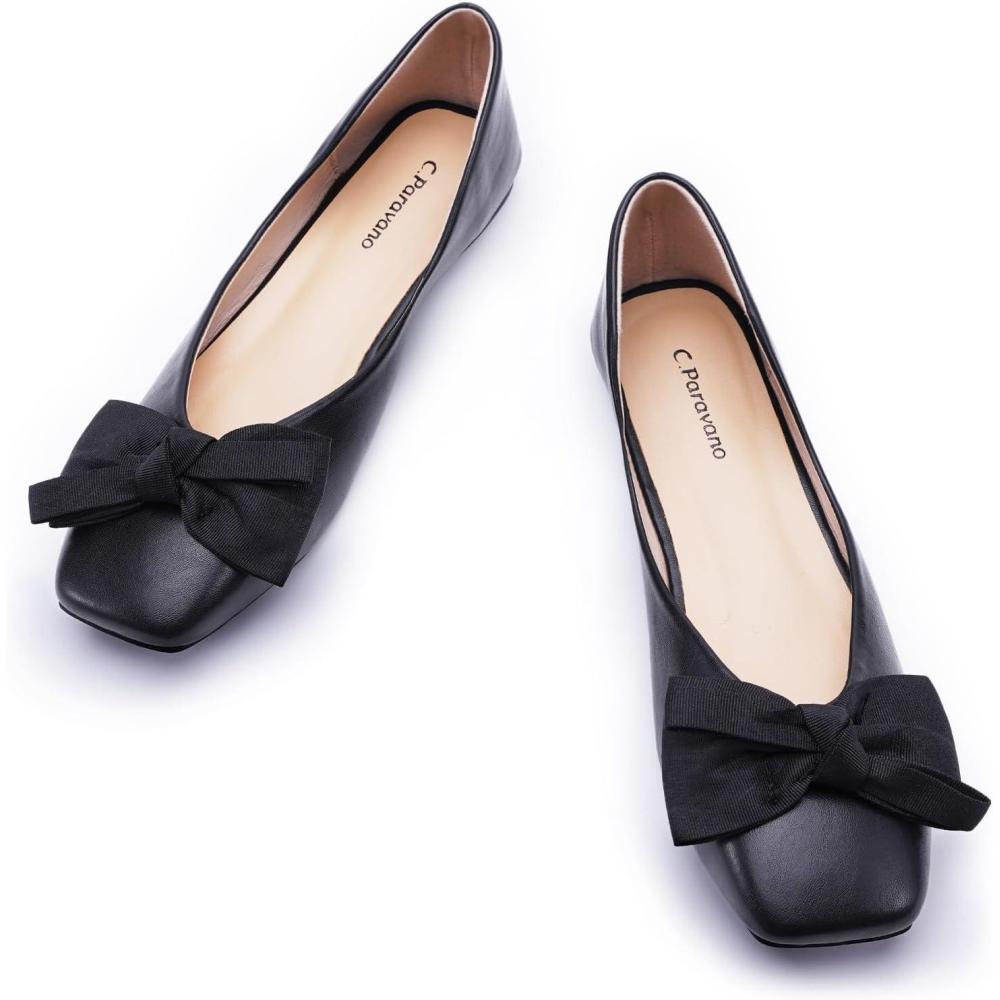 imageCParavano Ballet Flats for Women Square Toe Flats Mary Jane Shoes Designer Shoes for WomenNblack
