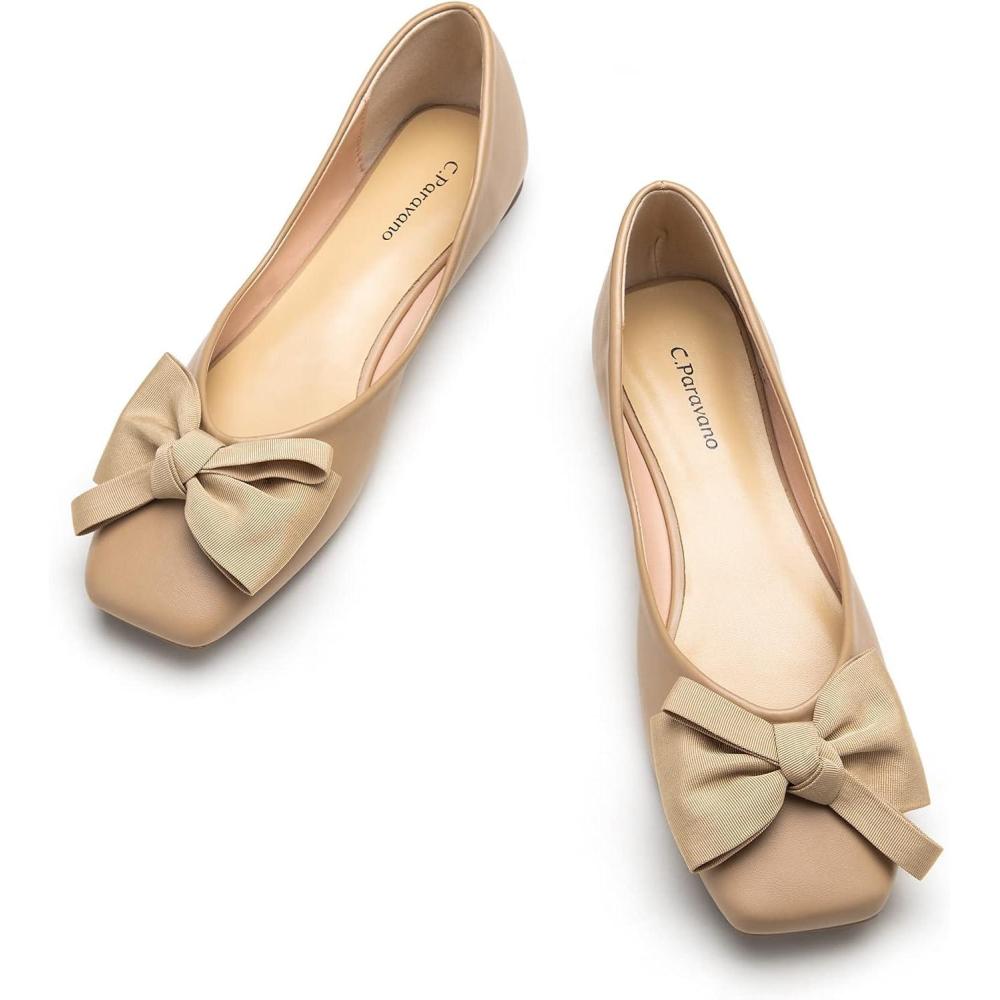 imageCParavano Ballet Flats for Women Square Toe Flats Mary Jane Shoes Designer Shoes for WomenNew Beige