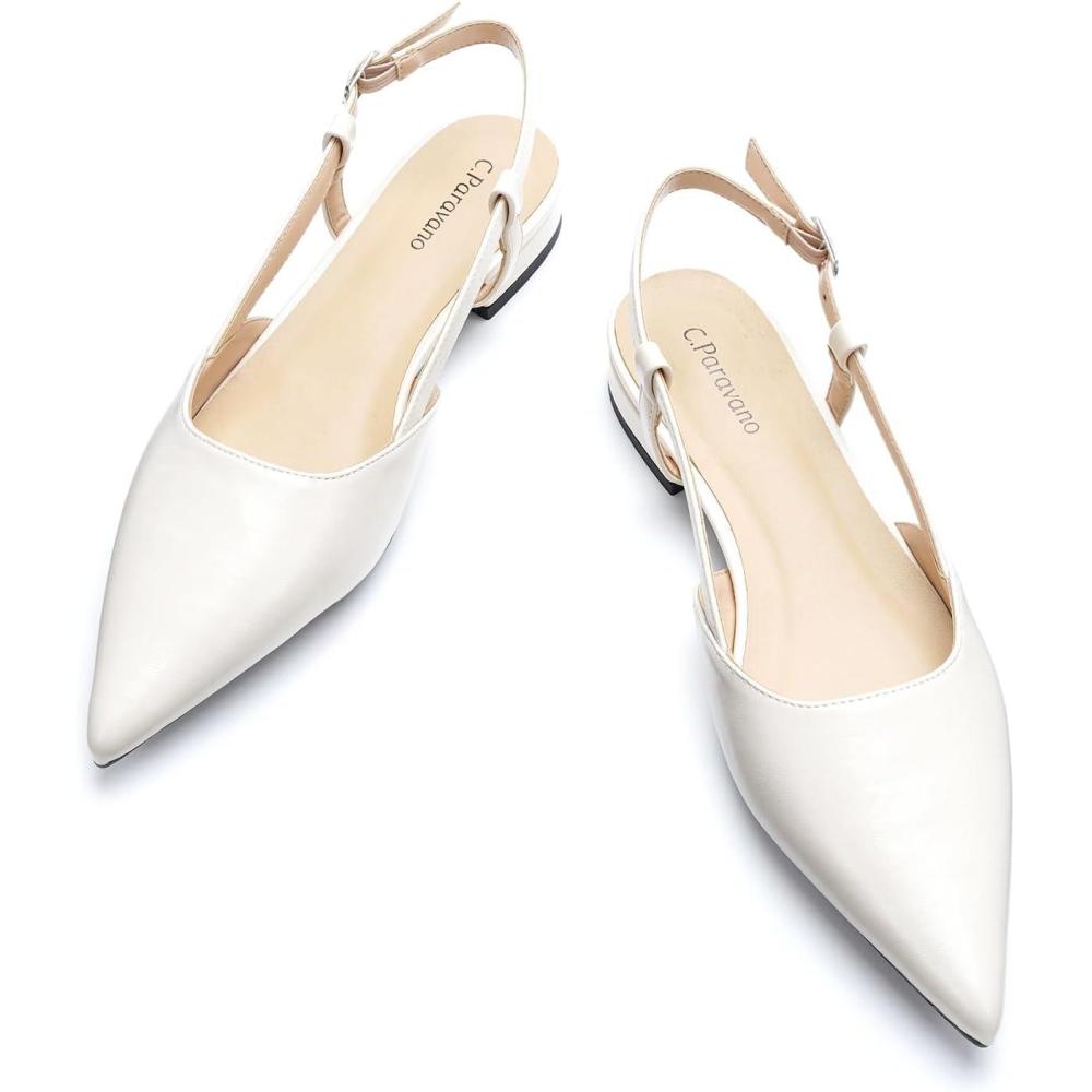 imageCParavano Slingback Flats Pointed Toe Flats Slingback Sandals Womens Slingback Dress Shoes Adjustable Buckle SandalsOffwhite Flats