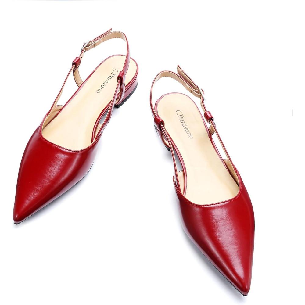 imageCParavano Slingback Flats  Pointed Toe Flats  Slingback Sandals  Womens Slingback Dress Shoes  Adjustable Buckle SandalsRed Flats