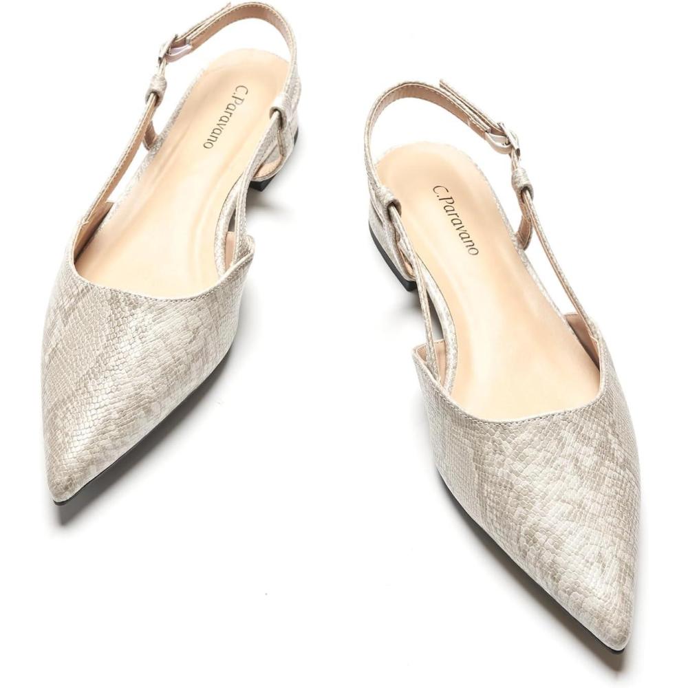 imageCParavano Slingback Flats  Pointed Toe Flats  Slingback Sandals  Womens Slingback Dress Shoes  Adjustable Buckle SandalsSnakeskin Light Grey