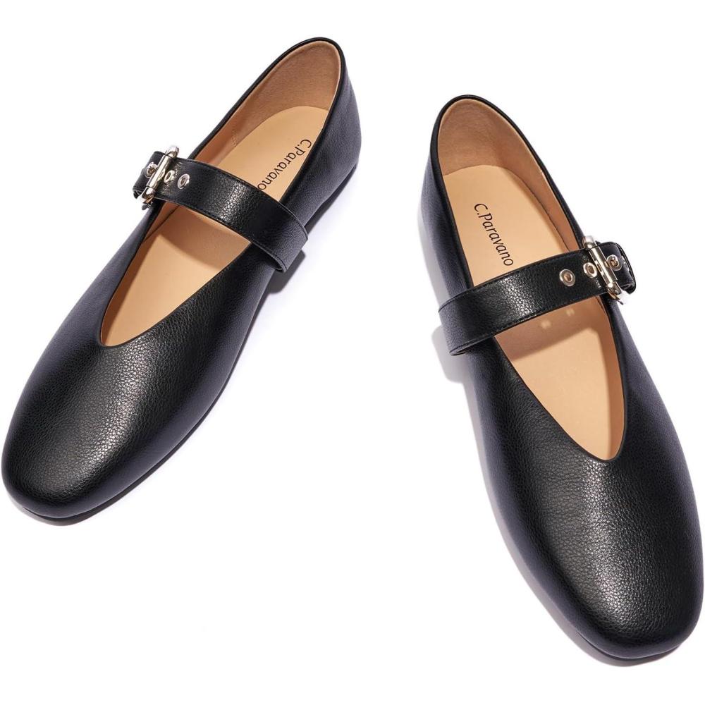 imageCParavano Womens Flats Shoes Comfortable Slip on Shoes Ballet Flats Dress Shoes Round Toe Mary Jane Flats with Metal Buckle StrapBlack