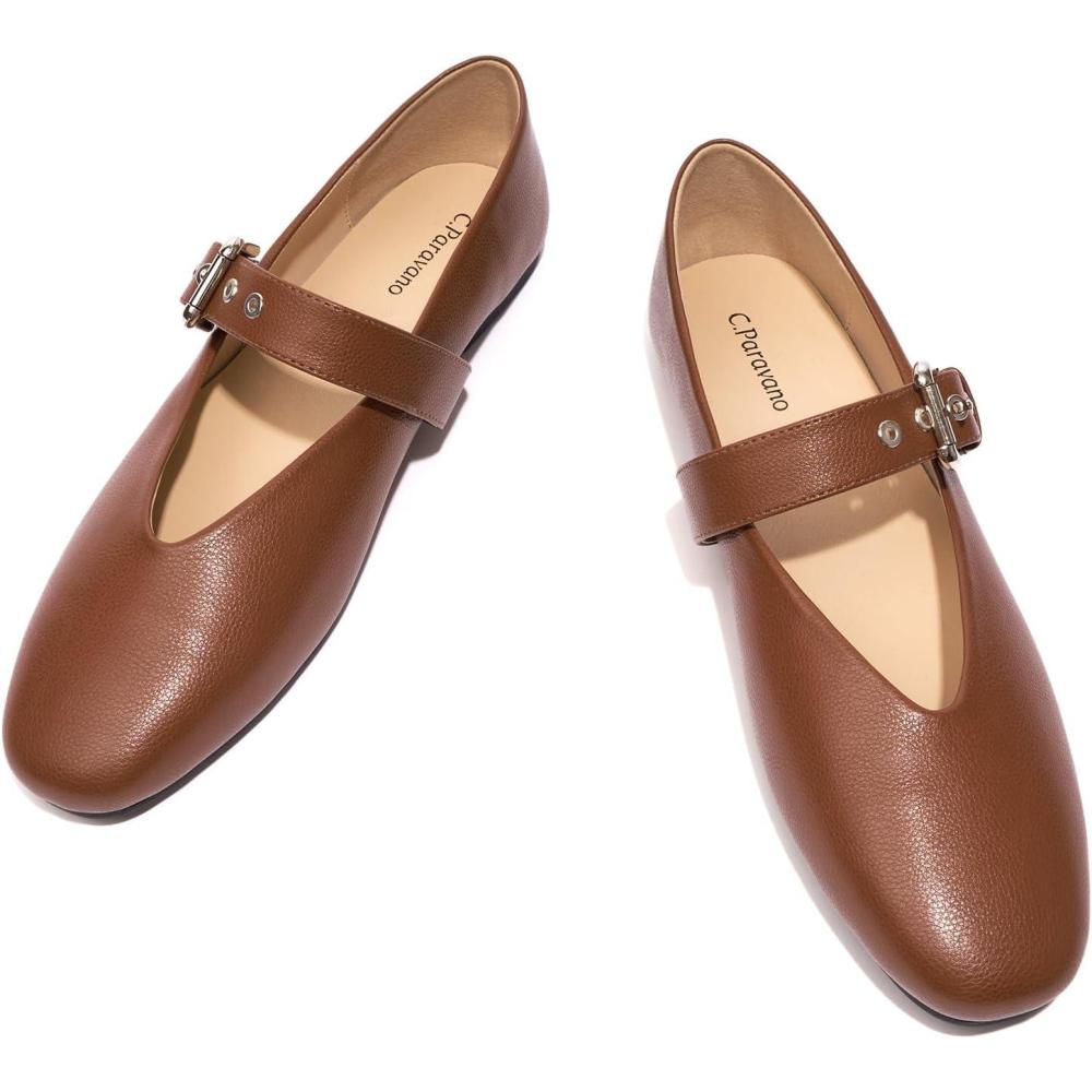 imageCParavano Womens Flats Shoes Comfortable Slip on Shoes Ballet Flats Dress Shoes Round Toe Mary Jane Flats with Metal Buckle StrapBrown