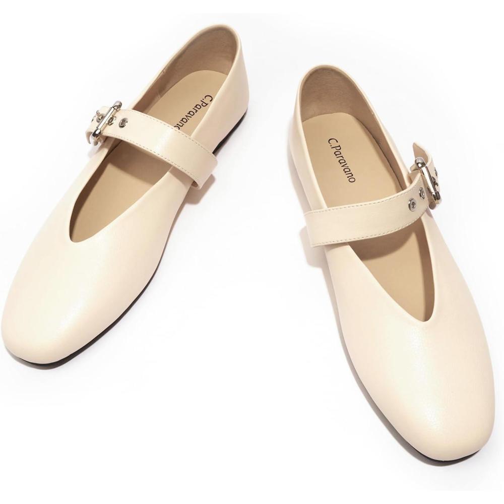 imageCParavano Womens Flats Shoes Comfortable Slip on Shoes Ballet Flats Dress Shoes Round Toe Mary Jane Flats with Metal Buckle StrapCream
