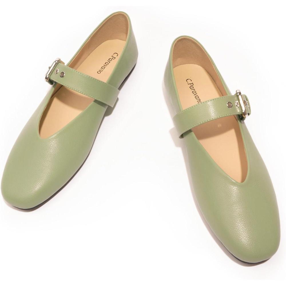 imageCParavano Womens Flats Shoes Comfortable Slip on Shoes Ballet Flats Dress Shoes Round Toe Mary Jane Flats with Metal Buckle StrapGreen