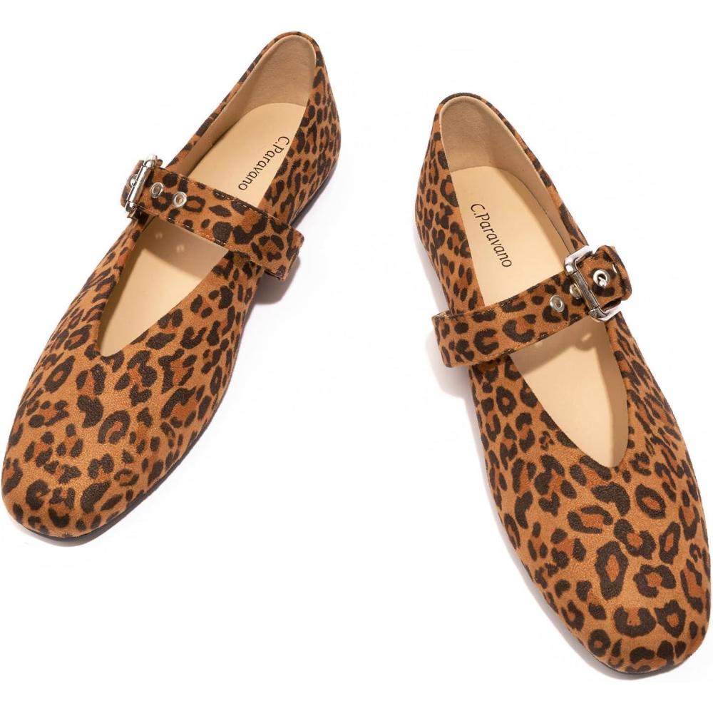 imageCParavano Womens Flats Shoes Comfortable Slip on Shoes Ballet Flats Dress Shoes Round Toe Mary Jane Flats with Metal Buckle StrapLeopard