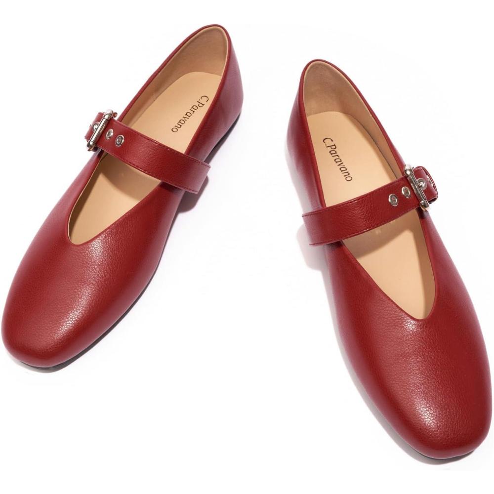 imageCParavano Womens Flats Shoes Comfortable Slip on Shoes Ballet Flats Dress Shoes Round Toe Mary Jane Flats with Metal Buckle StrapRed