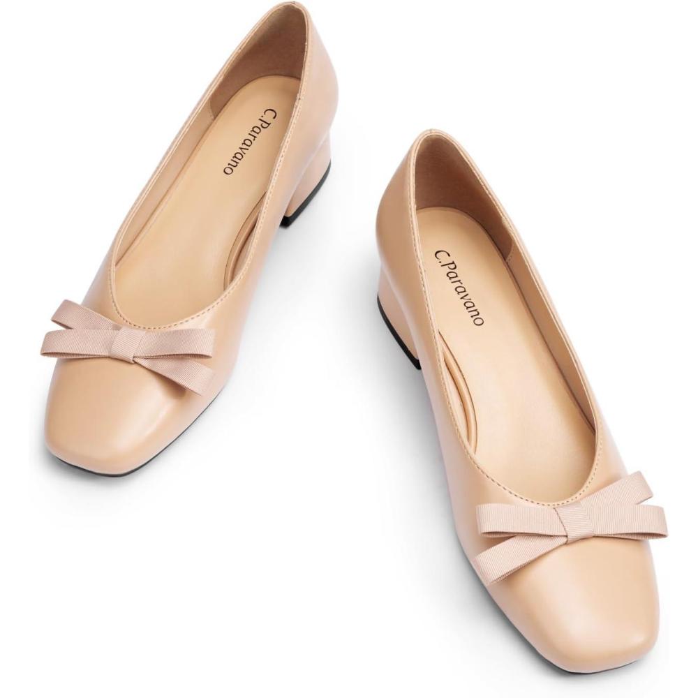 imageCParavano Womens Pumps Low Chunky Heel Block Heels for Women Dress Shoes for Women Comfortable Heels with BowBeige