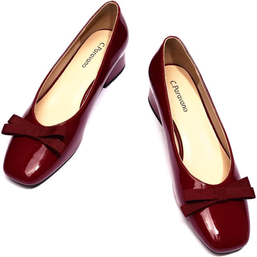 imageCParavano Womens Pumps Low Chunky Heel Block Heels for Women Dress Shoes for Women Comfortable Heels with BowBurgundy
