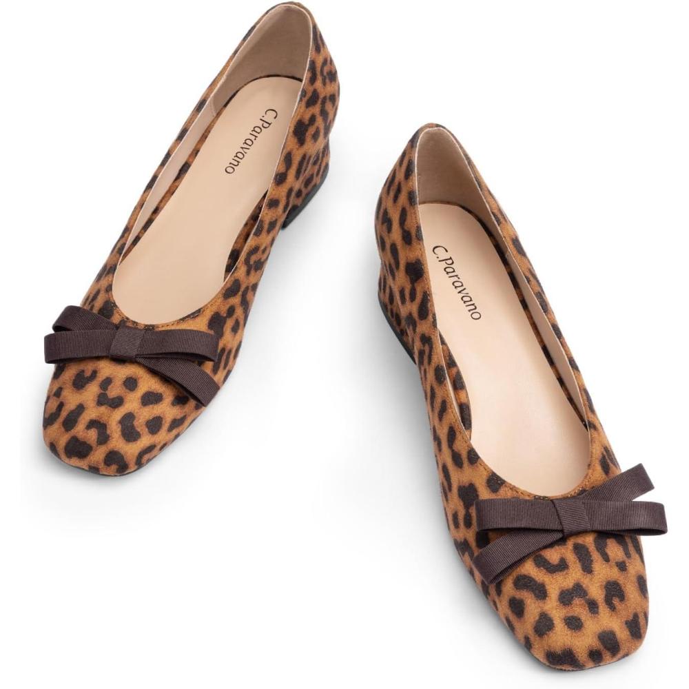 imageCParavano Womens Pumps Low Chunky Heel Block Heels for Women Dress Shoes for Women Comfortable Heels with BowLeopard