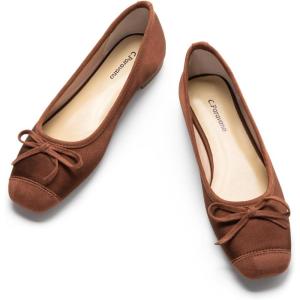 C.Paravano Ballet Flats | Square Toe Shoes | Bow Slip Ons | Ballet Shoes for Women | Dressy Flats for Women(Brown)
