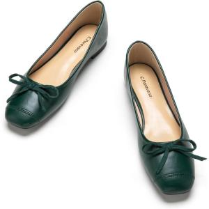 C.Paravano Ballet Flats | Square Toe Shoes | Bow Slip Ons | Ballet Shoes for Women | Dressy Flats for Women(Dark Green)